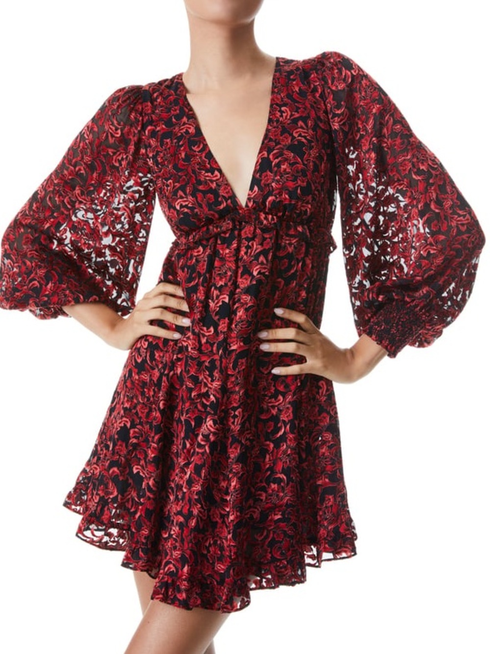 Alice + Olivia BRIAR BLOUSON SLEEVE MINI DRESS Black Red Floral Romantic Silk